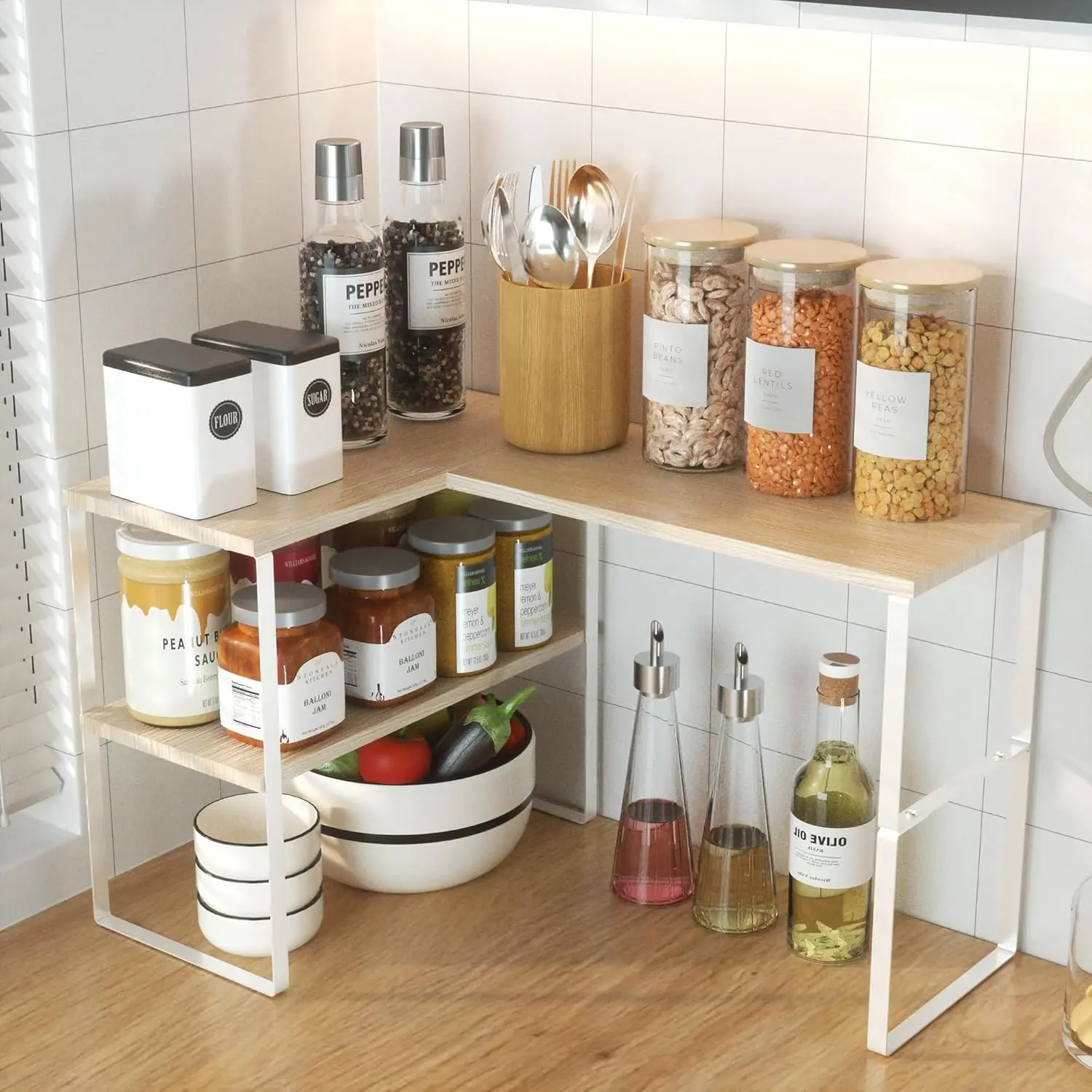 Golener Countertop Organizer Corner Shelf, 2 Tier Adjustable Stackable Corner Shelves for Kitchen, Bathroom, Spice Rack, Coffee Bar, Over Sink, Dresser Table, Corner Counter Shelf Stand, Natural Beige Wall Mountable Room Decor Room Accessories
