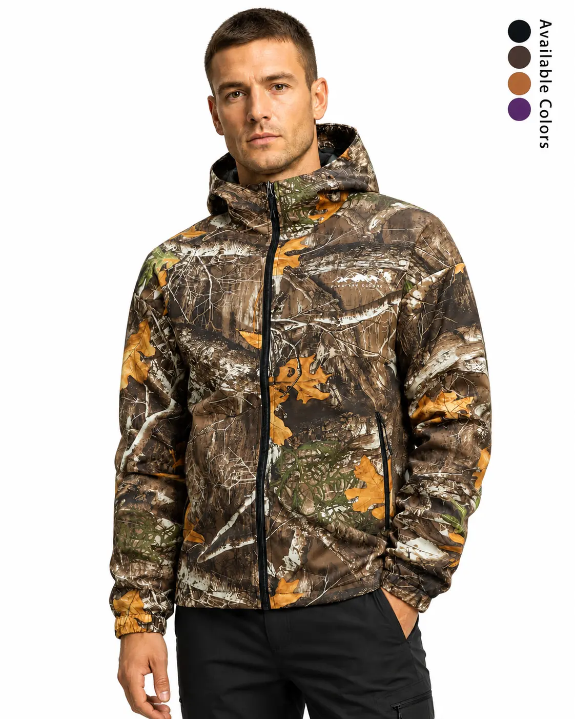 Men’s vintage camouflage hooded jacket with drawstring hood, zippered pockets, windproof design—hunting streetwear outerwear