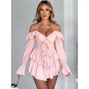 Women's Plain Off Shoulder Ruffle Halter Vintage Romper, Back To School Outfits Womenswear, Lady Summer Clothes, Sexy Flounce Sleeve Romper for Spring & Fall, Holiday Outfits 2024