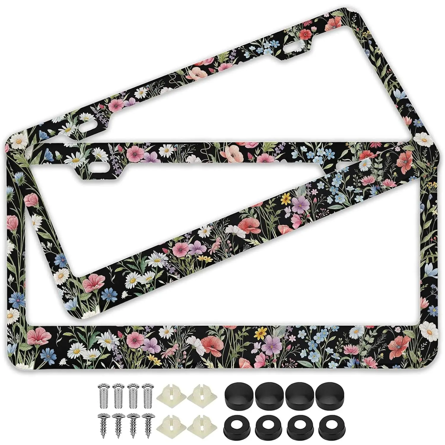2Pcs Personalized Wildflower Dream License Plate Frames - Colorful Stainless Steel Cover & Tag Holders with Screws, Universal Fit for US & Canada 12"x6" Plates, Vibrant Floral Decor, License Plate Cover