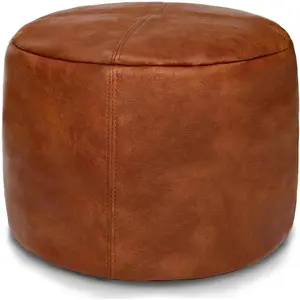 Unstuffed Faux Leather Pouf Cover,  Footstool Ottoman Storage Solution, Floor Footrest Cushion, 16.5"Dx12"H, Amaretto