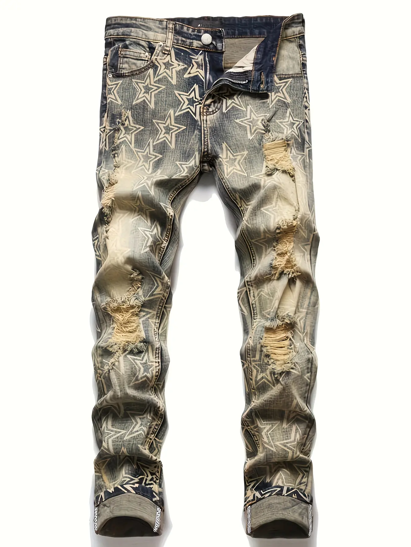 Men's Retro Mud-Wash All-Over Print Denim Jeans, Slim Fit Stretchy Breathable Premium Fabric, Multi-Layer Irregular Distressed Details, Slim Straight-Leg Hip-Hop Street Style Versatile Bottoms