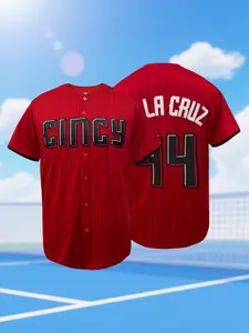 Men's Red Pinstripe Baseball Jersey CINCY #44 Embroidered Retro Short Sleeve Button Down Casual Sports Shirts for Men Women