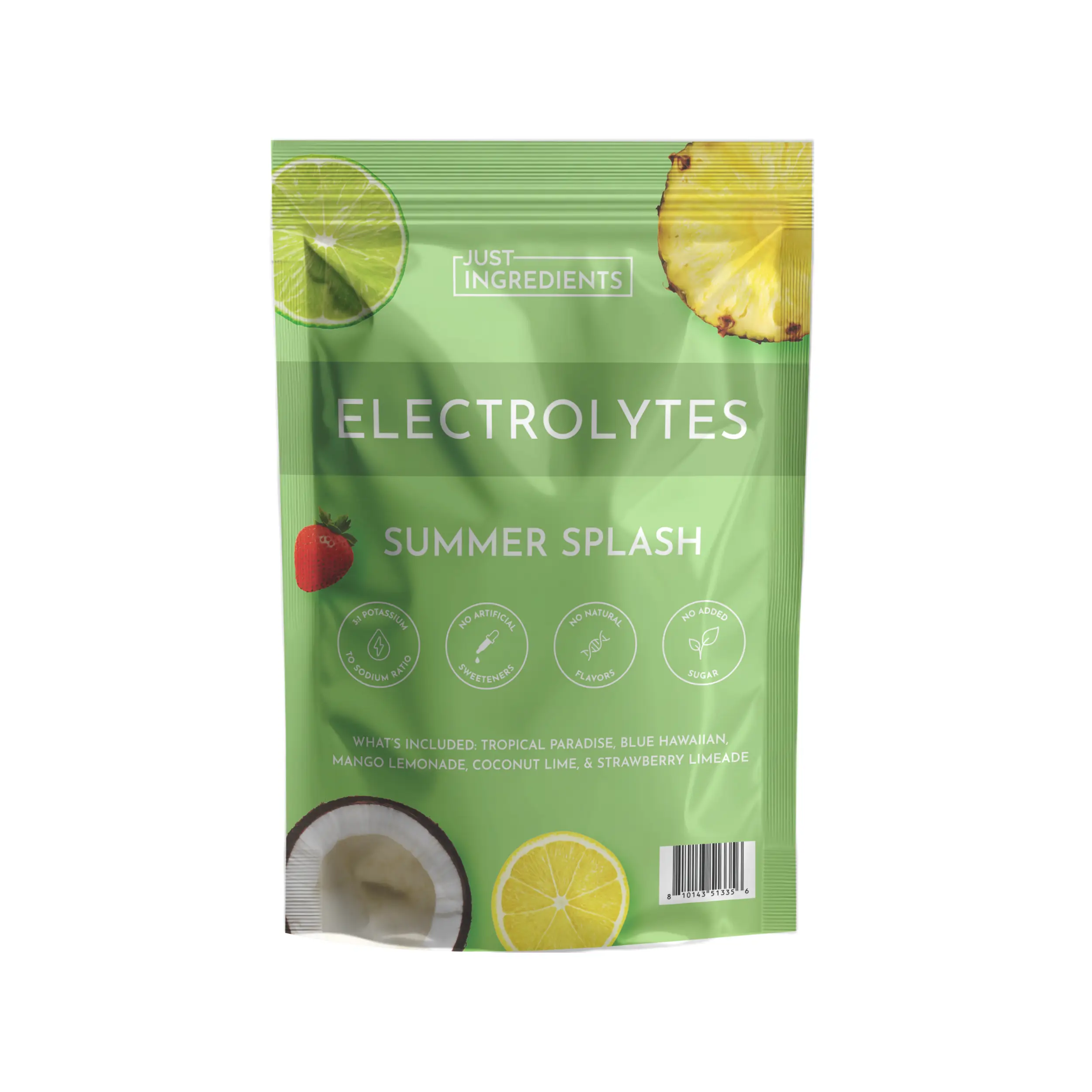Just Ingredients Electrolyte Powder – Summer Splash Sample Pack – 5 Single Sticks – Tropical Paradise, Blue Hawaiian, Mango Lemonade, Coconut Lime, St