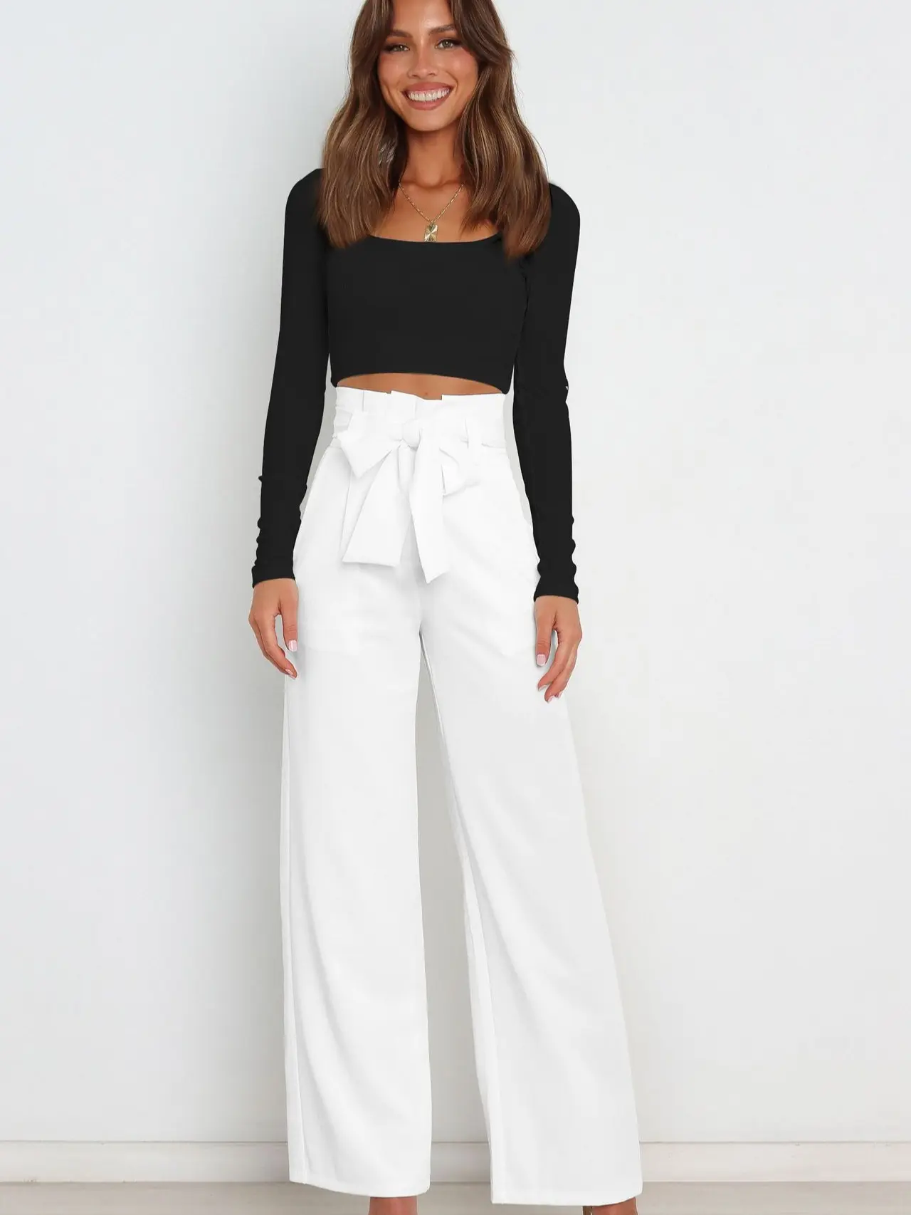 Women's Wide-Leg Dress Pants with Attached Belt High-Waisted Office Trousers for Work in Elegant White Color