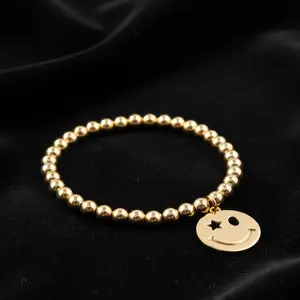 14K Gold-Filled Smiley Face Beaded Bracelet – 5mm Waterproof Non-Tarnish Stretch Bracelet for Women & Girls | Cute Trendy Stackable Jewelry