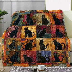 Vintage Black Cat Print Flannel Throw Blanket, Woven Polyester Blend, Comfortable for All Seasons, Suitable for Sofa, Bed, Car, Office, Camping, Travel - Soft and Warm Blanket for Gift