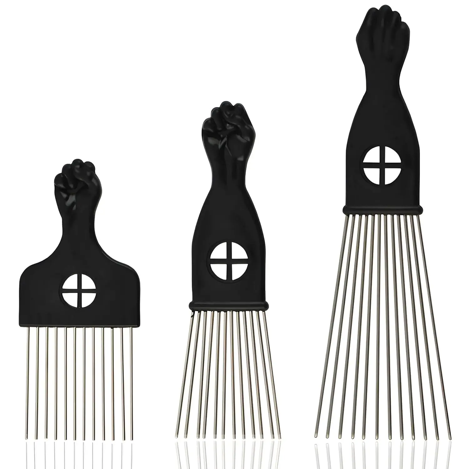 3-Piece Stainless Steel Afro Stick Comb Set with Fist-Design Anti-Static Handle, Removal Comb for Natural Curls & Dry Hair Frizz Control Styling