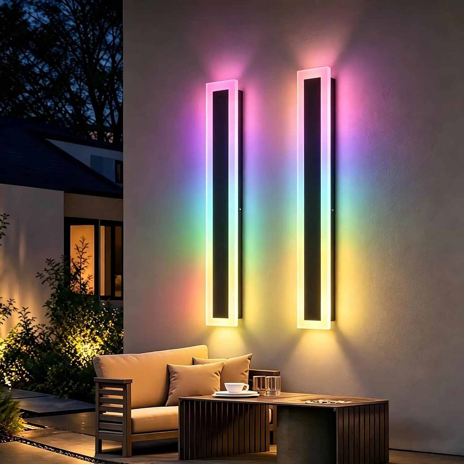(2-Pack, 15.75") Modern LED Outdoor Wall Light – RGB + Warm to Cool White, 10%-100% Dimmable, Music-Sync, IP65 Waterproof, APP & Remote Control
