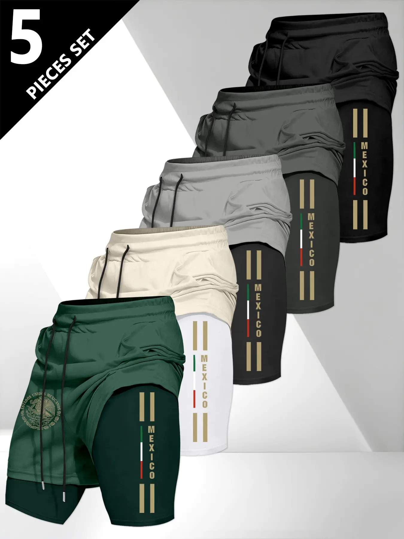 5-Pack Multi-Color Men's Shorts, Mexican Style Sporty Short Pants, Fake Two-Piece Anti-Exposure Design, Ideal for Fitness, Running, Basketball, Graphic Shorts, Running Training Shorts, Gym Running Shorts, Loose Fit Shorts, Running Athletic Shorts