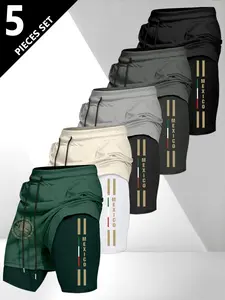5-Pack Multi-Color Men's Shorts, Mexican Style Sporty Short Pants, Fake Two-Piece Anti-Exposure Design, Ideal for Fitness, Running, Basketball