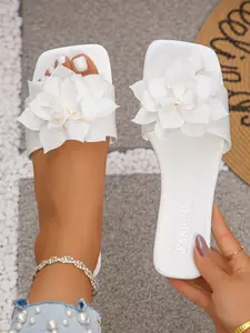 2026 New Women's Fashion Flat Sandals, Flat Heel Sandals, Flat Slides, Open Toe Floral Decoration, Summer Beach Casual Shoes, Comfortable Daily Wear