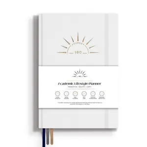 Journey 180 Undated Academic Self-Care Planner - Affirmations, Habit Tracker, Pomodoro Method-Blocks, Journaling (White)