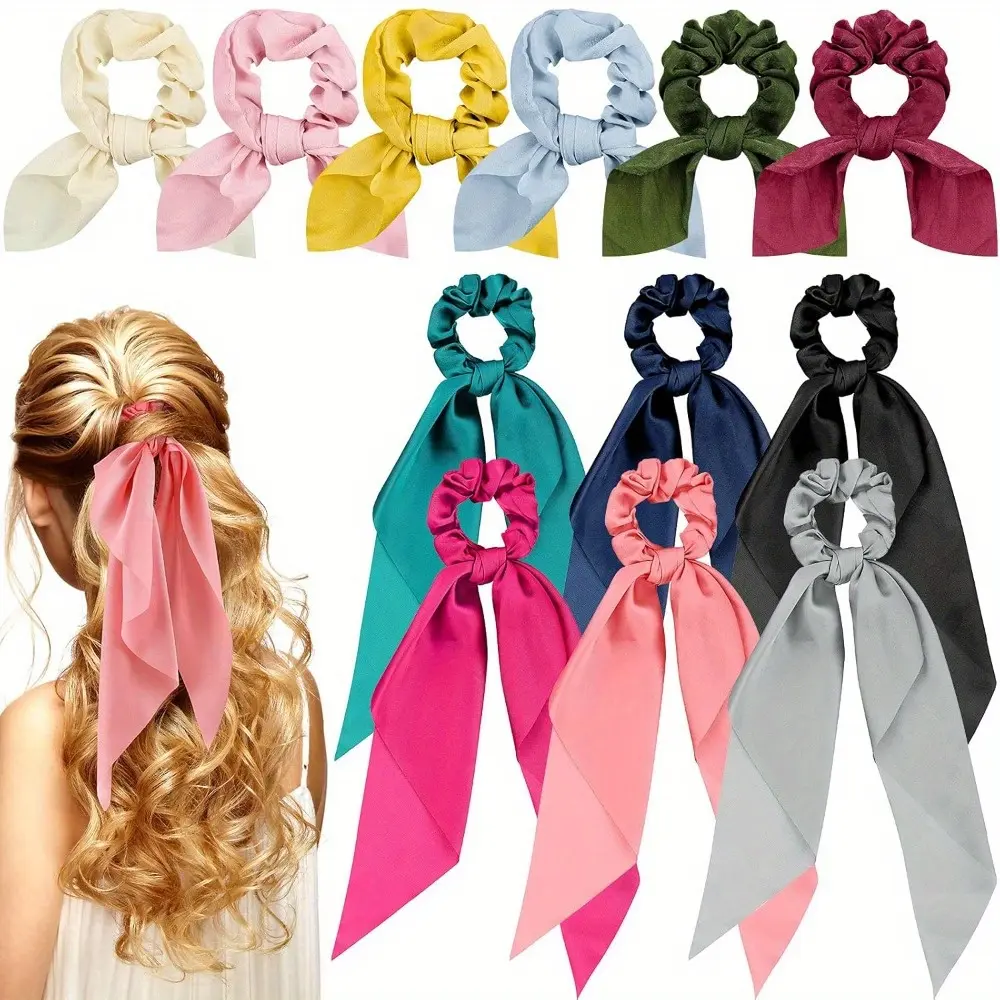 12Pcs Bow Hair Scrunchies Bunny Ears Silk Scrunchies Hair Ties Bobbles Elastic Hair Ties Ropes Ponytail Holder Hair Accessories for Women Girls