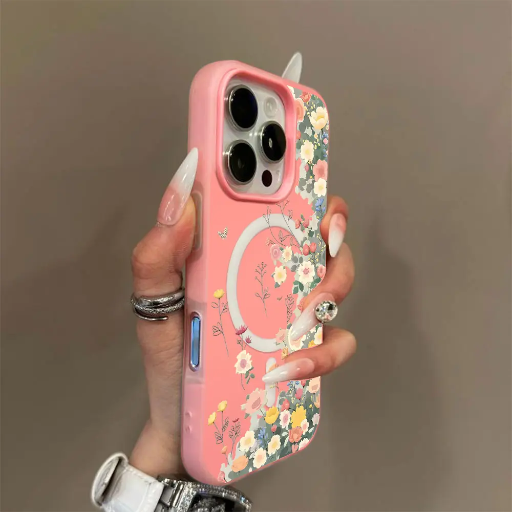 Candy color 2-in-1 floral magnetic phone case, military grade anti drop, supports Magsafe phone case, suitable for iPhone 17 Air 16 Pro Max 15 14 Plus 13 12 11 Samsung Galaxy S26 Ultra S25 Ultra S24 S23 S22 women's phone case. A196