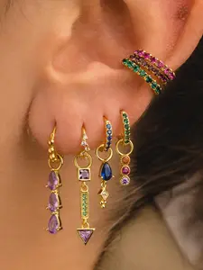 7pcs/set Delicated Colorful Rhinestone Clip Drop Earrings Set, High Quality Copper Style Studs,  Multicolor Zircon Ear Cuffs, Elegant Women's Jewelry for Daily Wear & Party, Pretty Gift for Her
