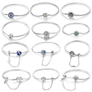 Silver 925 Bracelet 17-20CM Blue Eyes Lucky Clover Butterfly Star Bracelets Tulip Snake Bone Chain Zircon Fit DIY Charms Jewelry