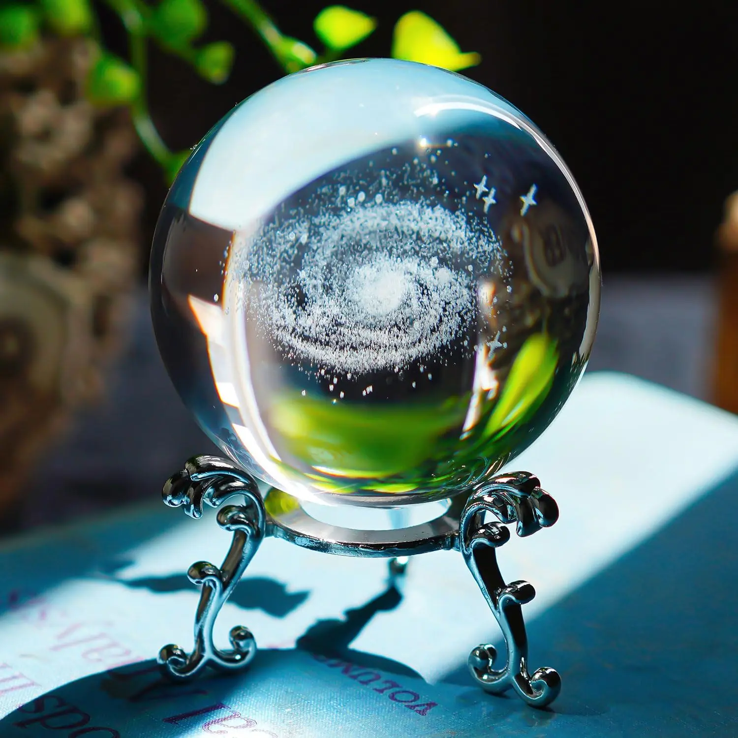 2.36Inch/60MM Engraved 3D Galaxy Ball Paperweight  Display Globe Full Sphere Glass Paperweight Fengshui with Metal Stand