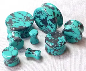 PAIR Black & Teal Synthetic Turquoise Stone Plugs Earlets Tunnels Gauges Jewelry