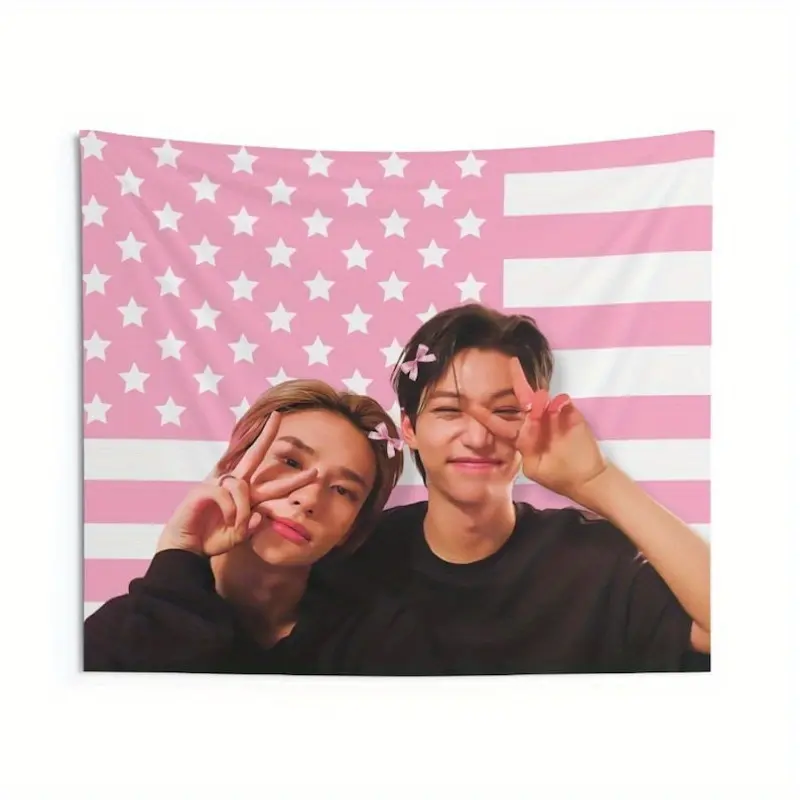 1pc SKZ Live America Flag Banner - Stray Hyunjin & Kpop Merch, 3x5 Feet, Pink with White Stripes, Perfect for Concerts, Birthdays, and Fan Gifts, Fan Merchandise  Funny Tapestry Wall Hanging  Starry Sky Pattern Decoration Items Solid Color Decorative