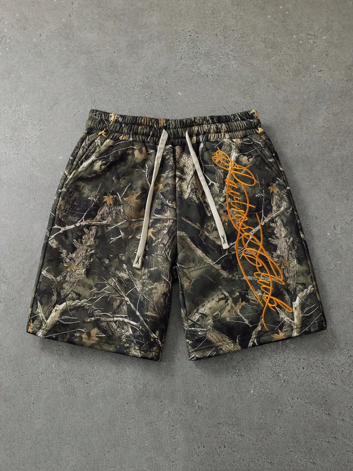 Men's Realtree Camo Drawstring Shorts, Forest Camouflage with Orange Script Embroidery Casual Streetwear Bottoms, Elastic Loose Shorts, Fashion Shorts