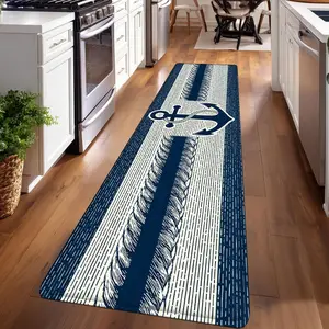 1PC，Blue and White Striped Anchor PatternPatterned strip rugs, used for everyday or festive decorations, entryway mats, RV mats, bathroom non-slip mats, bedroom bedside mats, and kitchen mats.