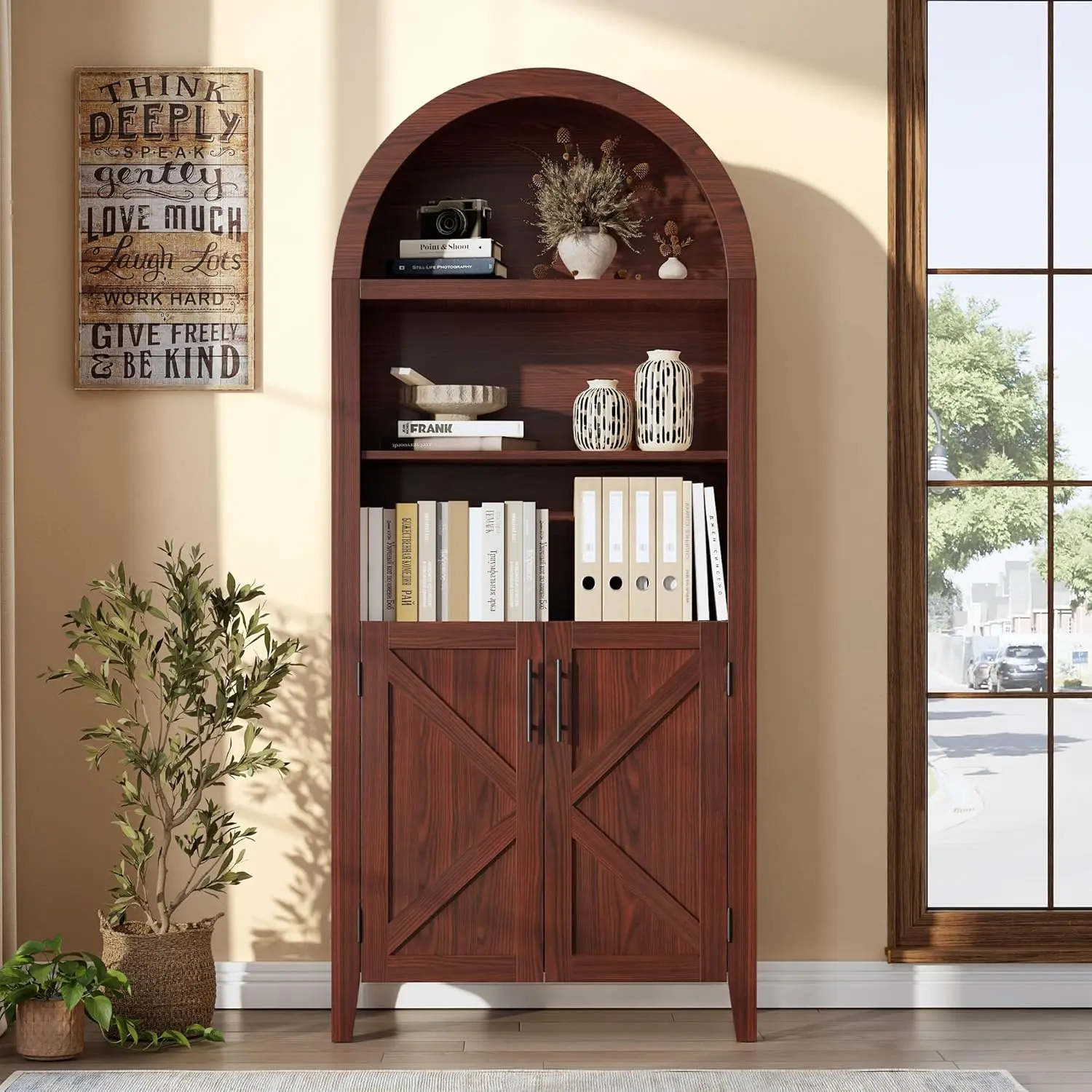 5-Tier Freestanding Walnut Arch Shape MDF Bookcase - Contemporary Sturdy Open+Closed Storage, Books Organizer for Small Spaces Study Setup, Home Office Indoor Furniture Shelf with Doors