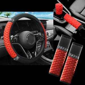 5PCS Three-Dimensional Embroidered Artificial Diamond Glitter Fashion PU Leather Non-slip No Inner Ring Car Steering Wheel Cover Set Fit For 37-38CM Steering Wheel Car