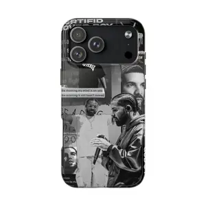 This phone case features the design of Drake, a popular rapper from the West, and is compatible with iPhone 12, 13, 14, 15, 16, and 17. It has a glossy finish, is drop-resistant, and won't fade.