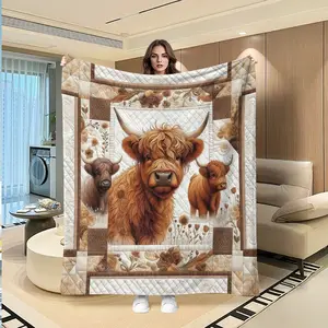 Warm Highland Cow Patchwork Flannel Blanket, Multifunctional Camping Travel Throw, Room Decoration Blanket, All Seasons Gift