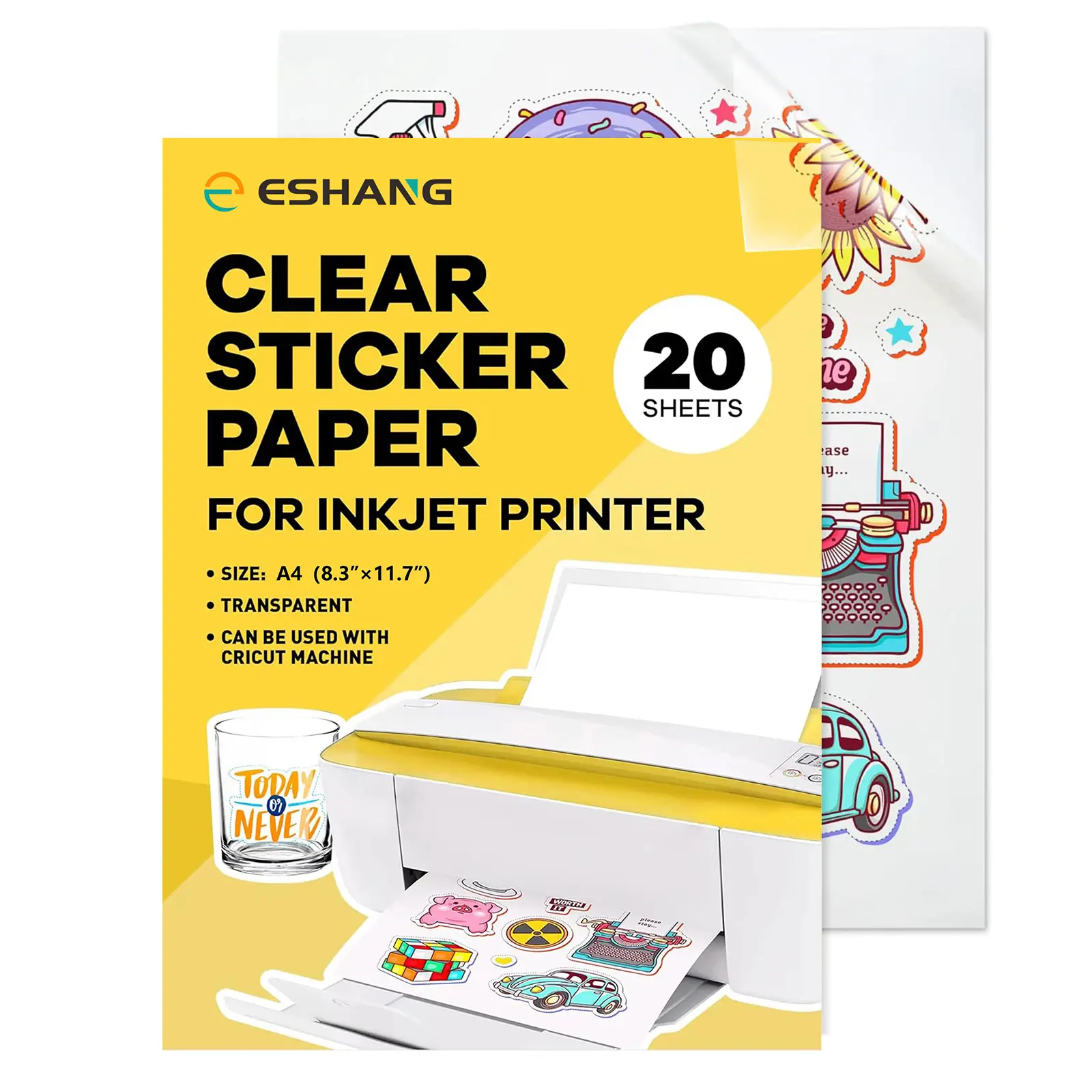A4 Size 20 Sheets Printable Vinyl Sticker Paper, Diy Sticker Paper, Inkjet Printer Compatible, 100% Clear Transparent, Non-Waterproof Decal Sheet