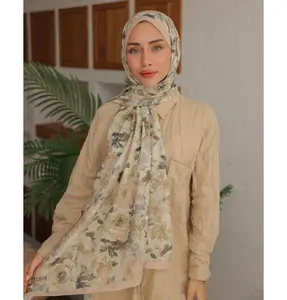 Flora Garden Cotton Patterned Shawl Hijab - Cream