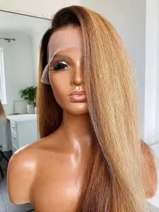 1Piece 26 Inches Long Soft Ombre Blond Yaki Straight Hair 180 Density Hair Wig Lace Front Wig, With Baby Hair Pre Plucked And For Women Wear Daily Use 13x4x1 Lace Frontal Wig Natural Straight Wig Natural Looking Wig