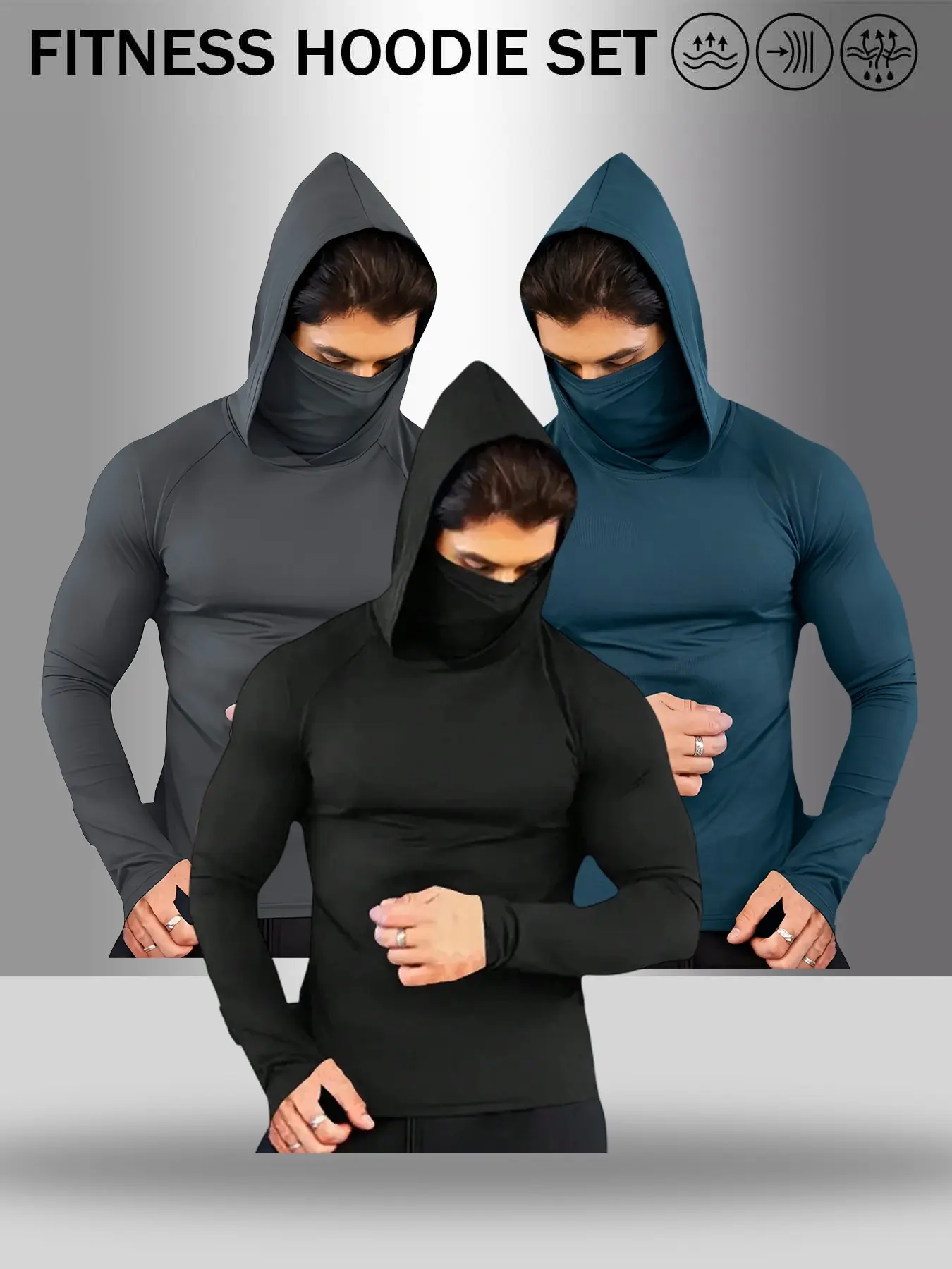 Men's 3 Color Hooded Face Cover Compression Long Sleeve, Compression Sports Top, Fitted Compression Shirts, Sun Protection Shirt for Gym, Outdoor, Athletic Hoodie #summeroutfits #tiktokshopmademebuyit #menfashion