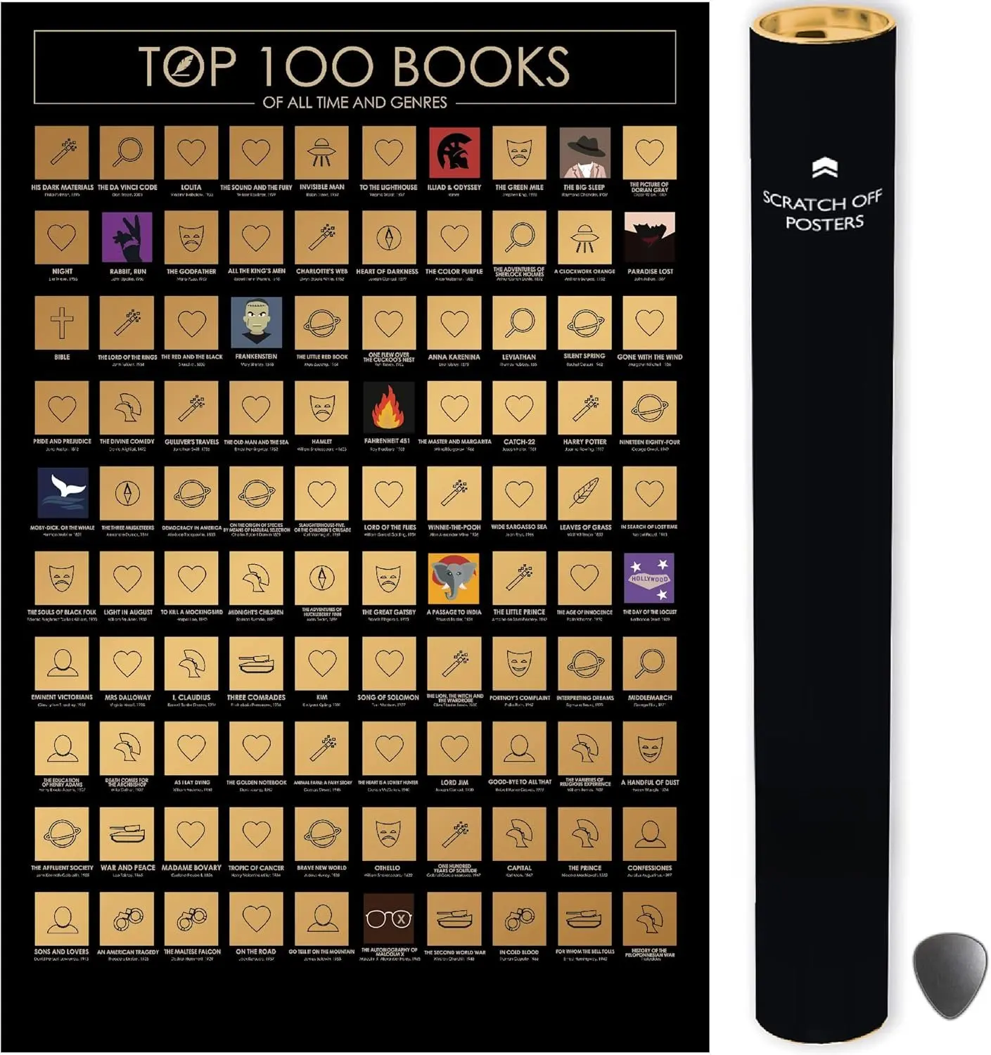 100 Books Scratch off Poster with Scratcher - Easy to Frame 24x16 100  Read Books of all Times - Reading Bucketlist Chart - Books Read Checklist - Accessories Included