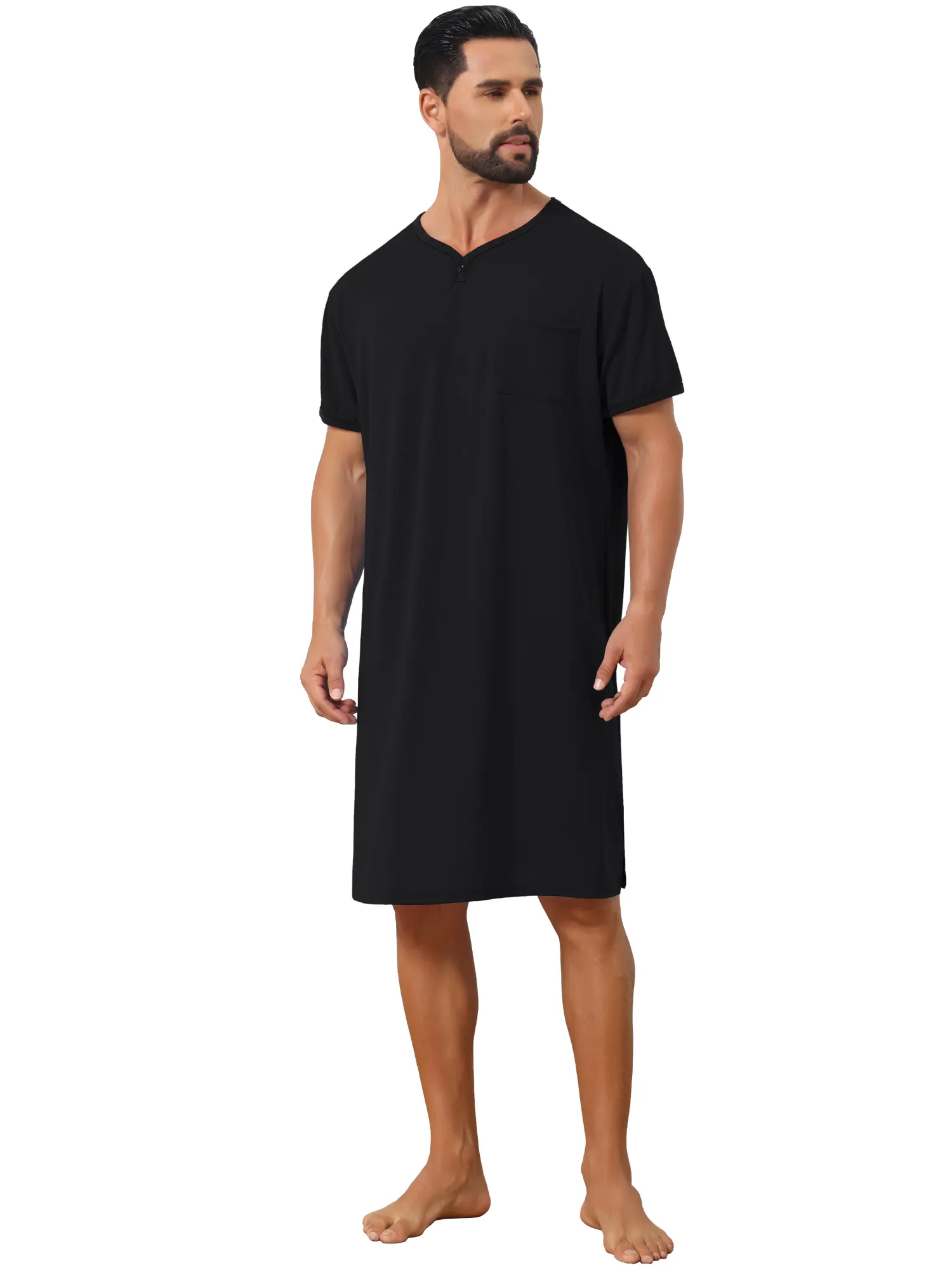 INSPIRE CHIC V-Neck Nightgown for Men's Colorblock Trim Short Sleeve Chest Pocket Pajama Sleep Shirt