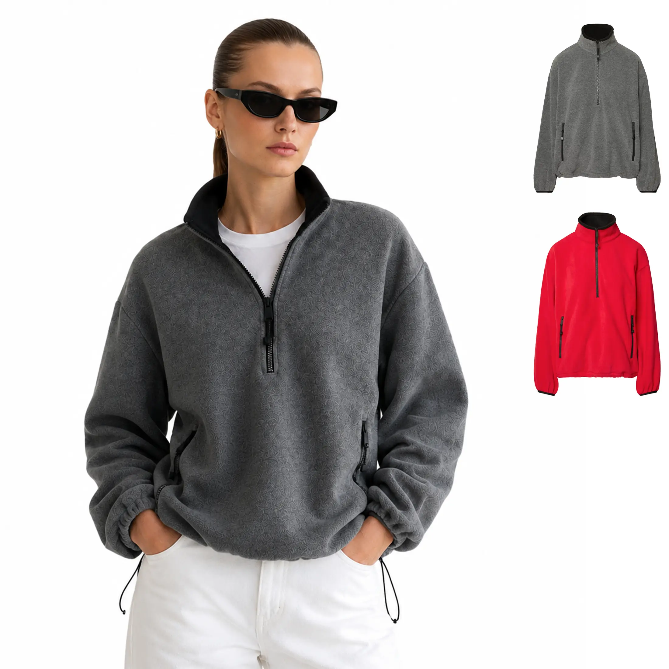 Buenoble Women Oversized Half‑Zip Fleece Pullover, Stand Collar Long Sleeve Sweatshirt With Pockets & Drawstring Hem, Casual Warm Fall Winter Quarter Zip Jacket