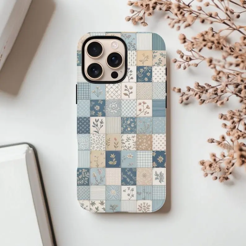Coastal Blue Quilt Case Vintage Cover For iphone 17 pro case iphone 16 pro max case 15 14 13 12 11 & Samsung S25 S24 S23 Ultra Fe