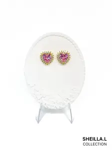18k Gold Pink Heart Crystal Stud Earrings