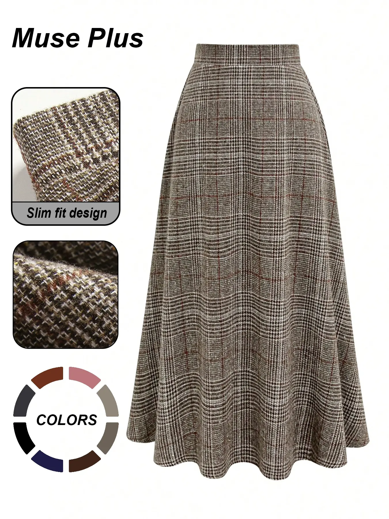 Plus Size Women's Plaid Checkered Wool Blend Long Dress, Casual Loose Fit Fashion Everyday Commuter High Waist Slimming over Knee A-Line Skirt