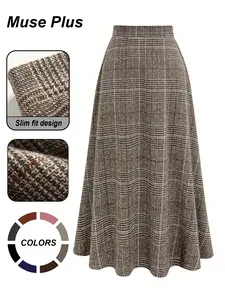Plus Size Women's Plaid Checkered Wool Blend Long Dress, Casual Loose Fit Fashion Daily Commuter High Waist Slimming over Knee A-Line Skirt Fitted