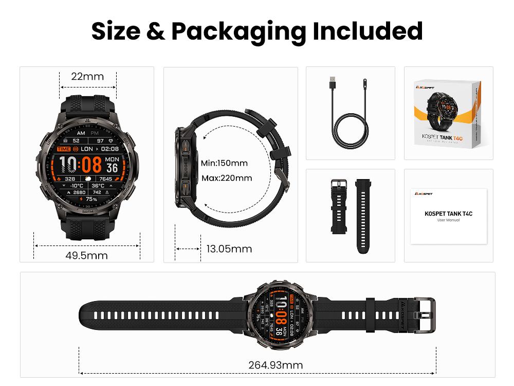 KOSPET Tank T4C Smart Watch for Men with LED Flashlight, 1.5” AMOLED Display, Dual-Band GPS&Compass, 50-Days Battery, 24/7 Heart Rate/Sleep Monitor, 50m Waterproof, Bluetooth Call/Walkie-Talkie