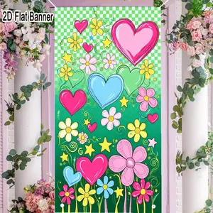 2D flat banner, 1pcWhimsical Colorful Hearts Flowers Backdrop, Green White Checkered Playful Cartoon Party Decor for TikTok Vibegalentines party decor, valentine day decor, decorations for valentines day