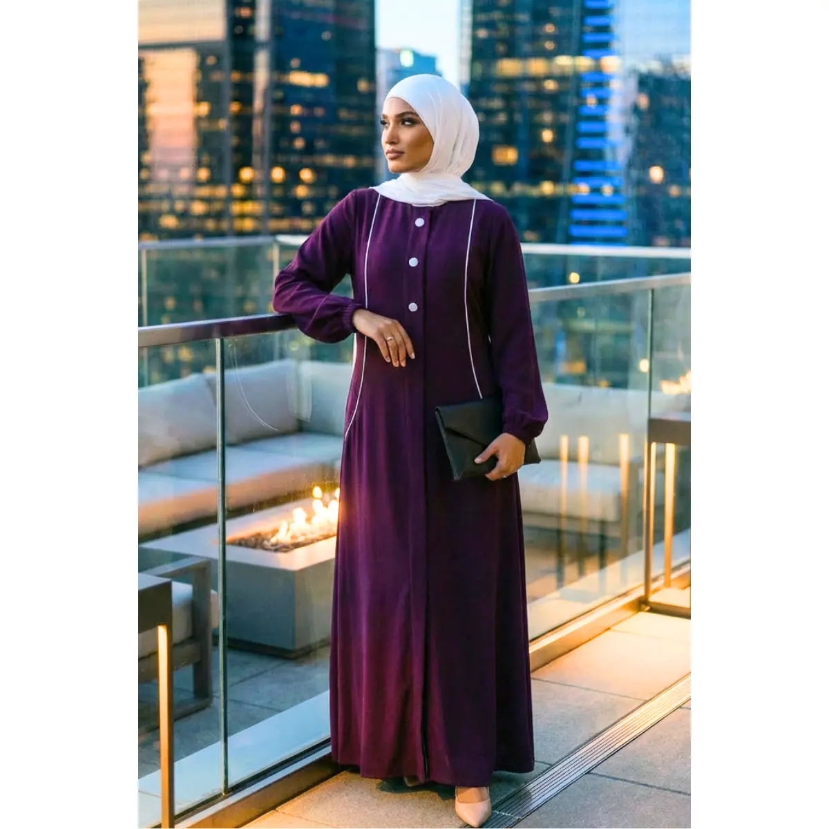 Hayat Abaya - Purple Lightweight Breathable Fabric with Contrasting Vertical Piping & Three Classic Buttons for Everyday Elegance in Autumn Casual Wear