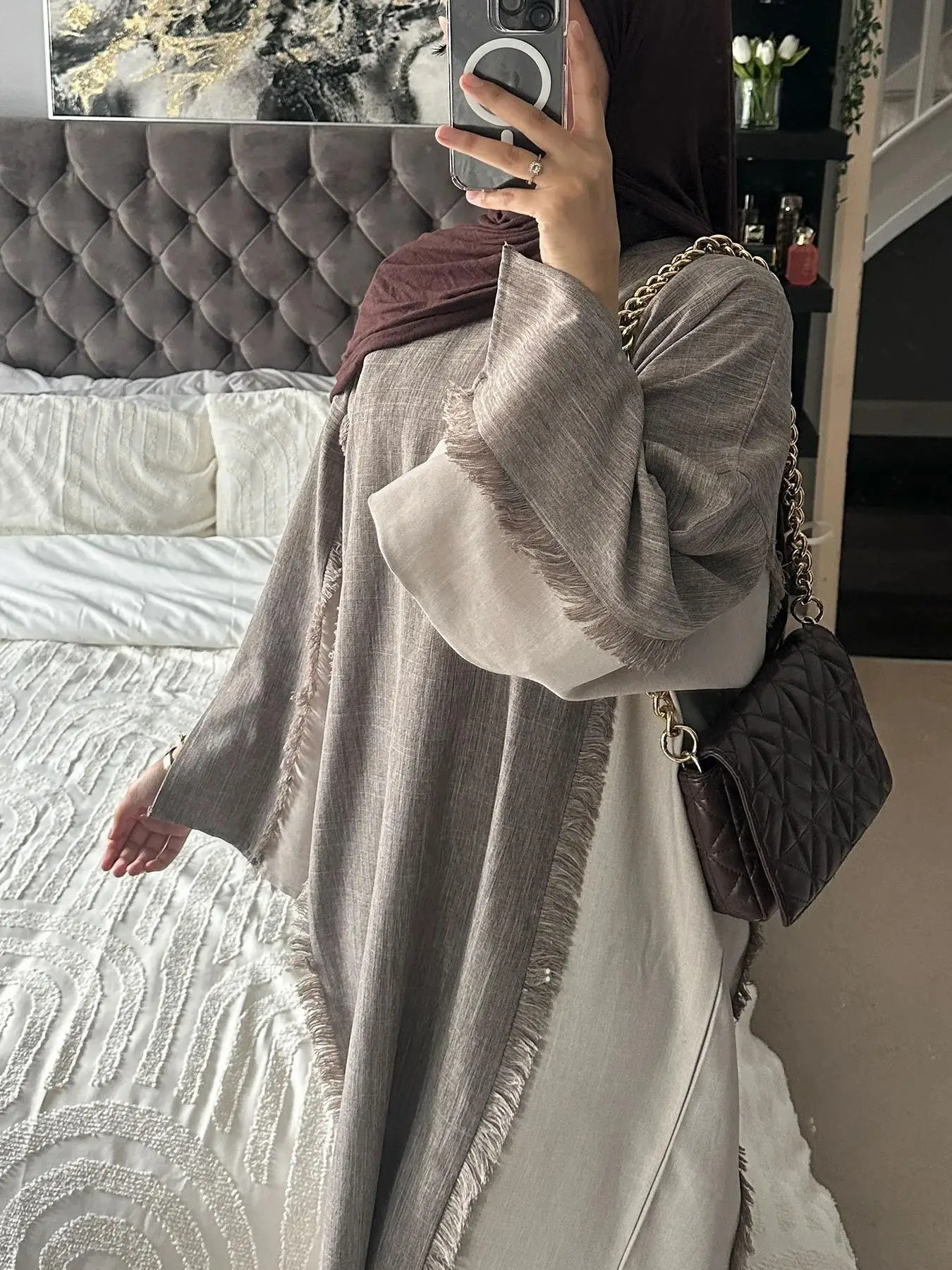 Women's Colorblock Print Fringe Trim Dresses, Modesty Casual Elegant Long Sleeve Dresses for Daily Wear, Ladies Islamic Clothing for All Seasons