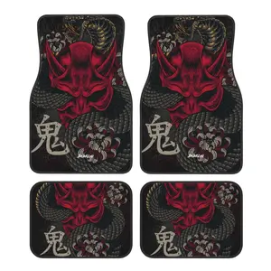 JAPANESE ART ONI MASK Snake Car Floor Mat 4-piece Set Suitable for All Car Floor Mat Accessories Crystal Velvet Floor Mats Red Car Interior Kit