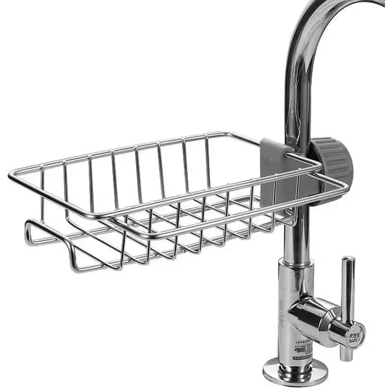 Non-drilled stainless steel faucet holder for storage | Large-capacity multi-functional kitchen draining basket | Sponge and steel wire ball cleaning cloth integrated storage hanger (suitable for both kitchen and bathroom)