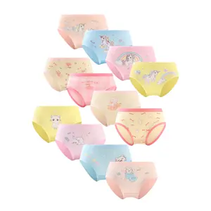 12 Pack Girls Candy Color Triangle Briefs, Cute Cartoon Print Student Panties, Comfy Skin Friendly Kids Sport Underpants