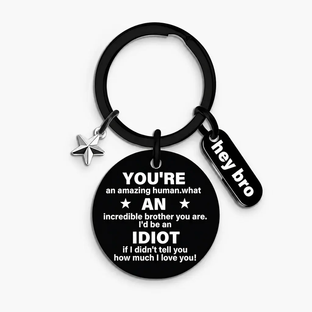 Funny Brother Keychain Gift from Sister Brother Stainless Steel Black Engraved Round Key Ring Charm Pendant with Star Hey Bro Sign Birthday Graduation Christmas Motivational Gag Gift for Men Teens 1.17" 13.5g