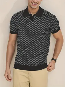 Men's Herringbone Knit Polo Shirt, Casual V-Neck Short Sleeve Summer Top, Comfortable and Stylish Men's Apparel for Daily Wear